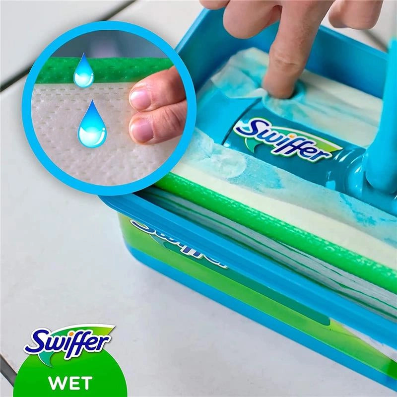SWIFFER STARTER KIT SCOPA LAVAPAVIMENTI PER PAVIMENTI IN LEGNO E ALTRI MATERIALI -1 SCOPA + 6 PANNI LAVAPAVIMENTI