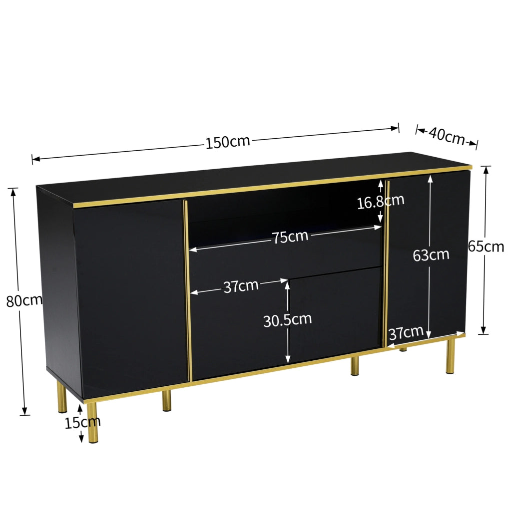 Sideboard nero lucido con 1 cassetto, 4 ante e illuminazione LED, 150x40x80 cm