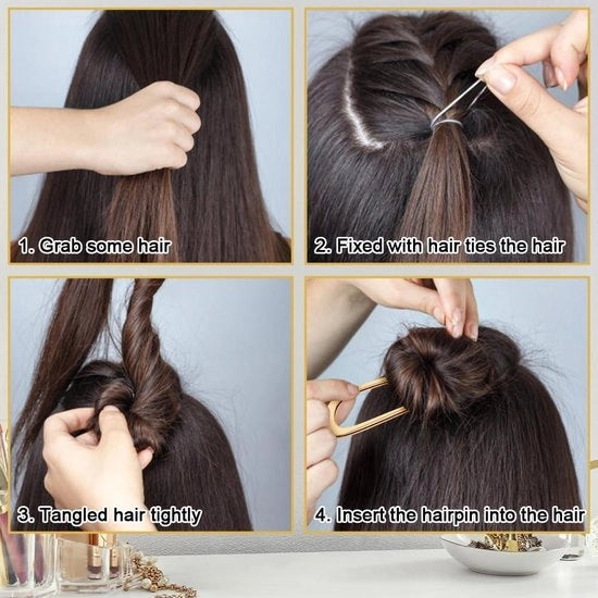 Fogli di acciaio a forma di U per chignon - Accessori capelli per donne ragazze con clip a forma di forchetta (2 pezzi, oro argento)