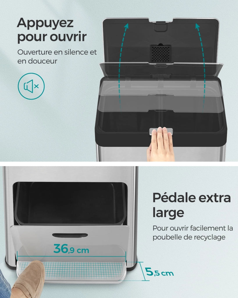 Pattumiera da cucina con capacità di 2 x 17 litri e 26 litri 3 scomparti per rifiuti domestici rifiuti alimentari e materiali riciclabili filtro al carbone pedale larga argento 12_0007244
