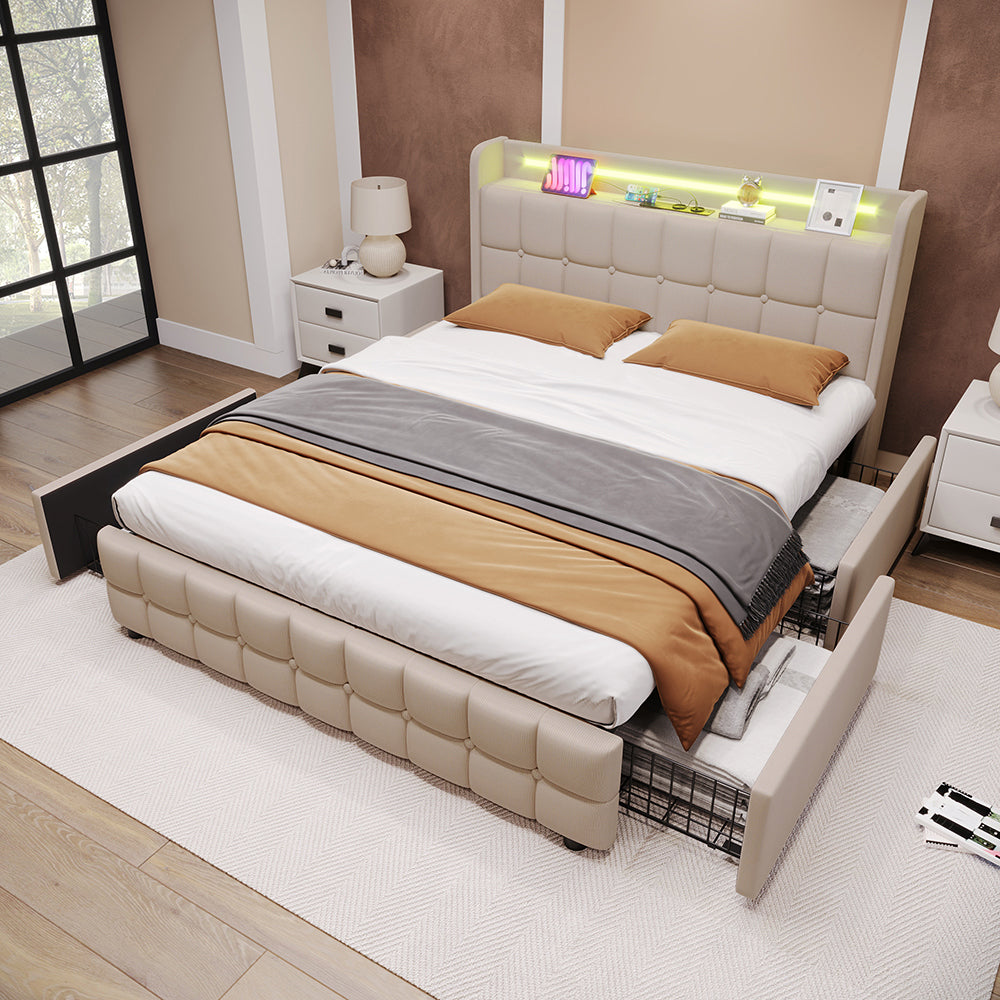 Letto imbottito 140x200 cm - Xylo - USB, LED, 4 cassetti