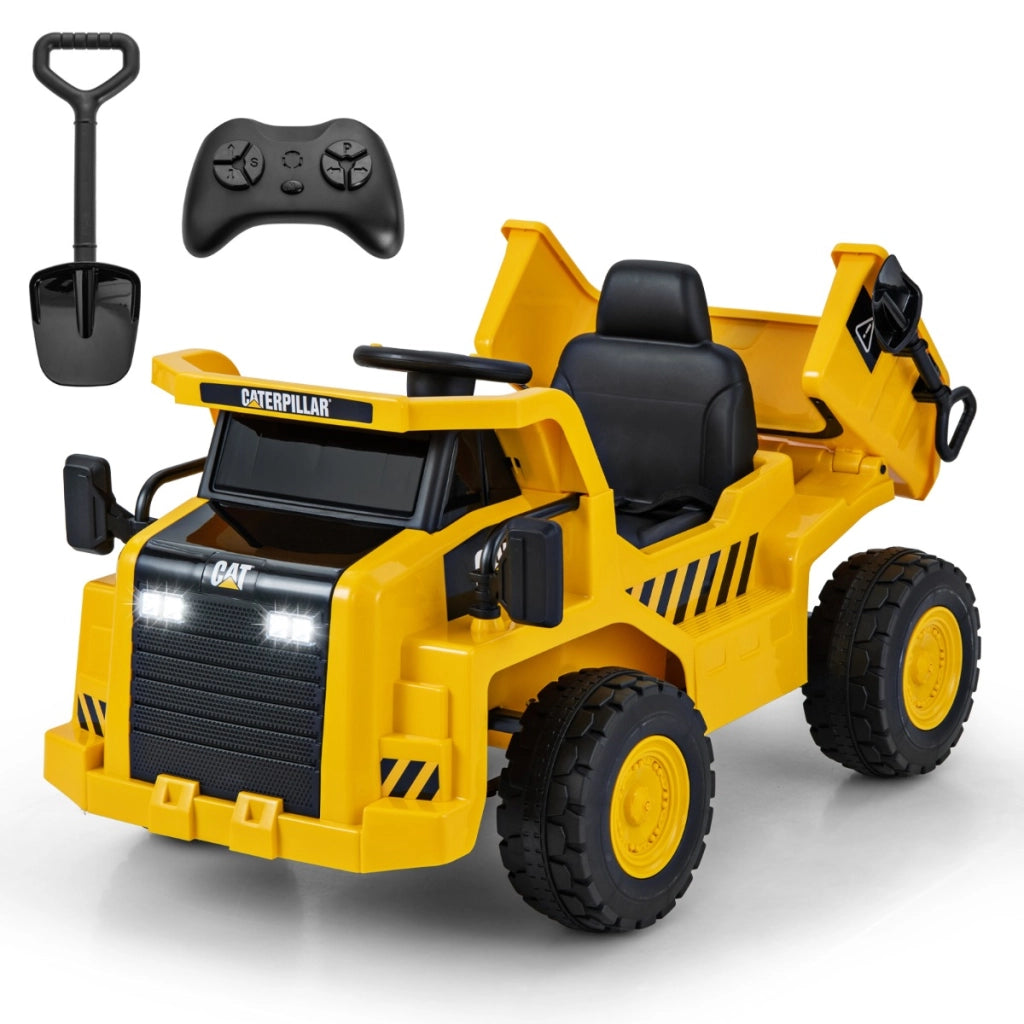 Caterpillar cavalcabile per bambini dump truck, Veicolo da costruzione elettrico da 12v con cassone basculante Giallo
