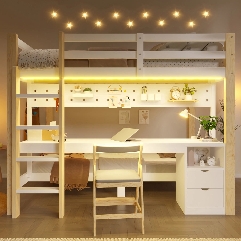 Letto a castello 140x200 e 90x200 in pino con scrivania LED