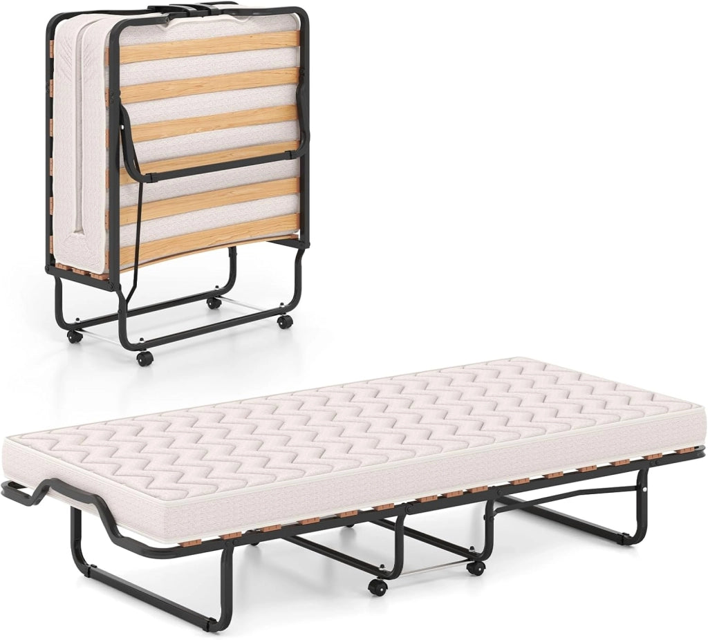 Brandina Pieghevole con Materasso, Struttura Metallica, Materasso in Memory Foam, Trapuntatura a Onda con Imbottitura a Doppia Fibra, 200x90x41 cm, Made in Italy (Stile 2 Beige)
