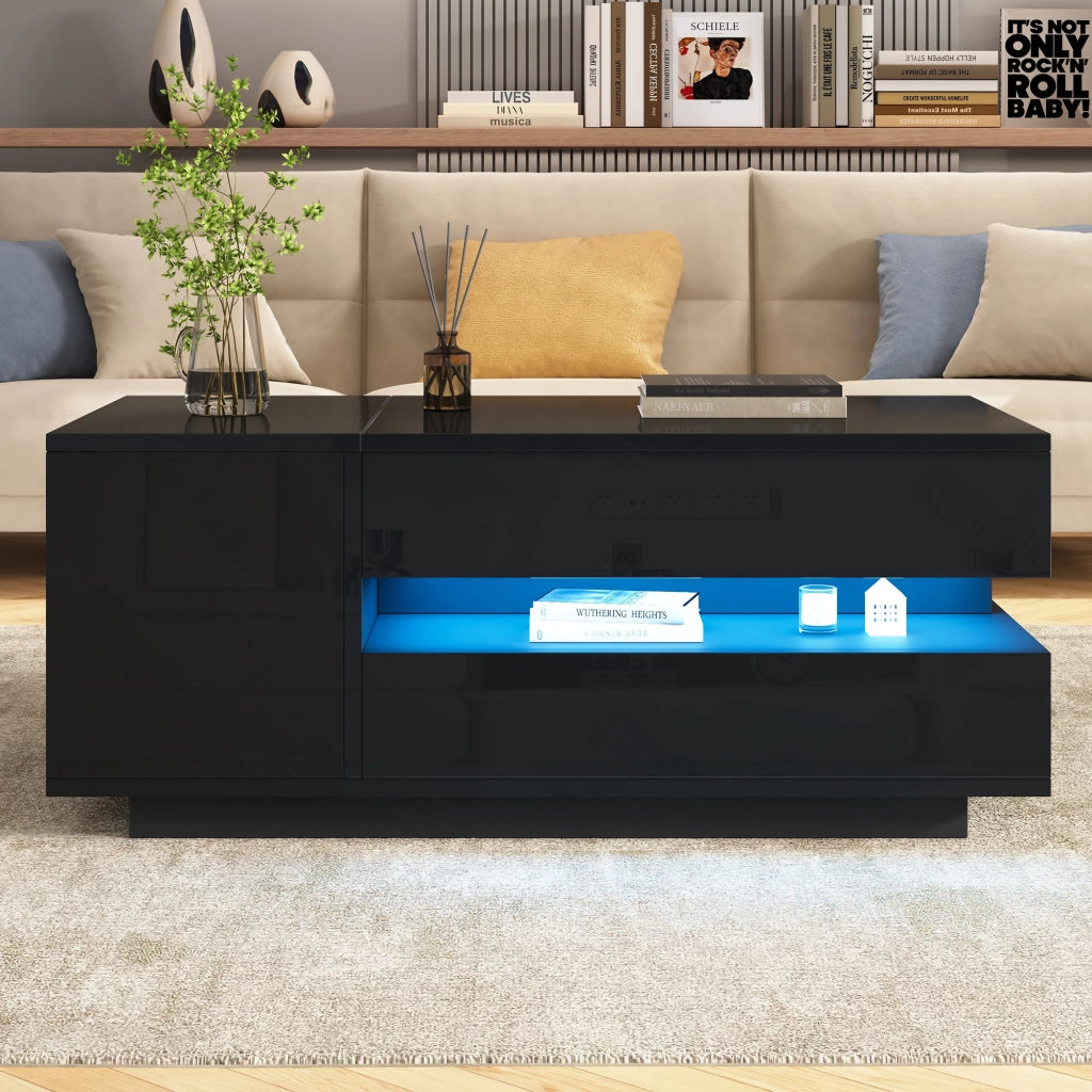 TAVOLINO DA SALOTTO 95x50x40 cm Nero Lucido sollevabile con LED e 1 cassetto