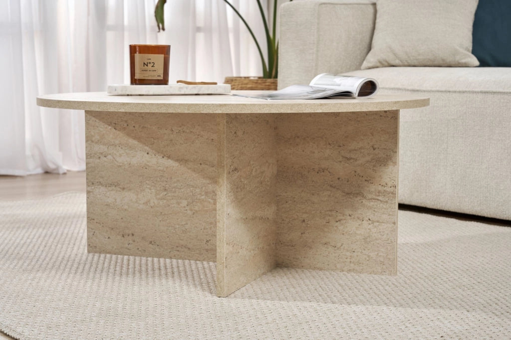 Simbario, Tavolino da Salotto Forma Rotondo, 90x90x40h cm Bianco Marmo