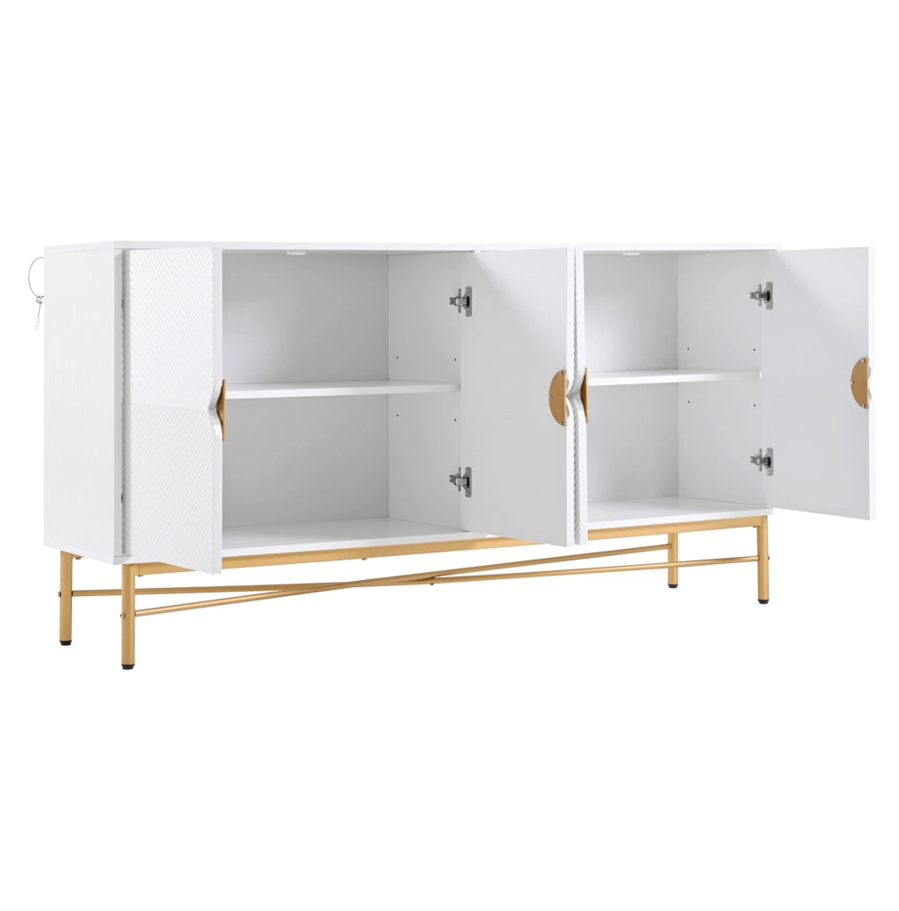Credenza Bianca con 4 Porte, Superficie Testurizzata e Maniglie Dorate Spazzolate, 160×40×82 cm