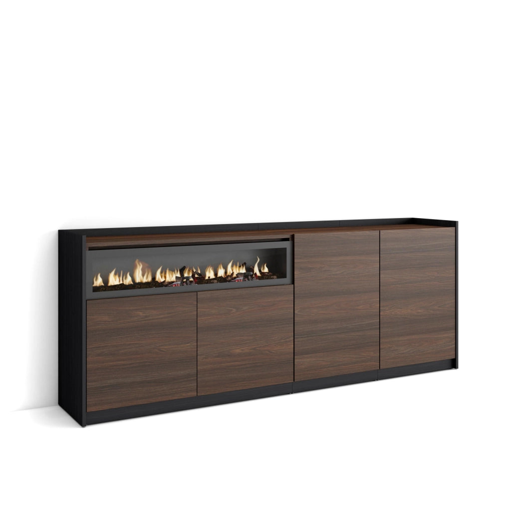 Credenza, Mobile, Cucina, 207x80x37 cm, 4 Porte, Camino elettrico, Rovere scuro e Nero