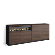 Credenza, Mobile, Cucina, 207x80x37 cm, 4 Porte, Camino elettrico, Rovere scuro e Nero