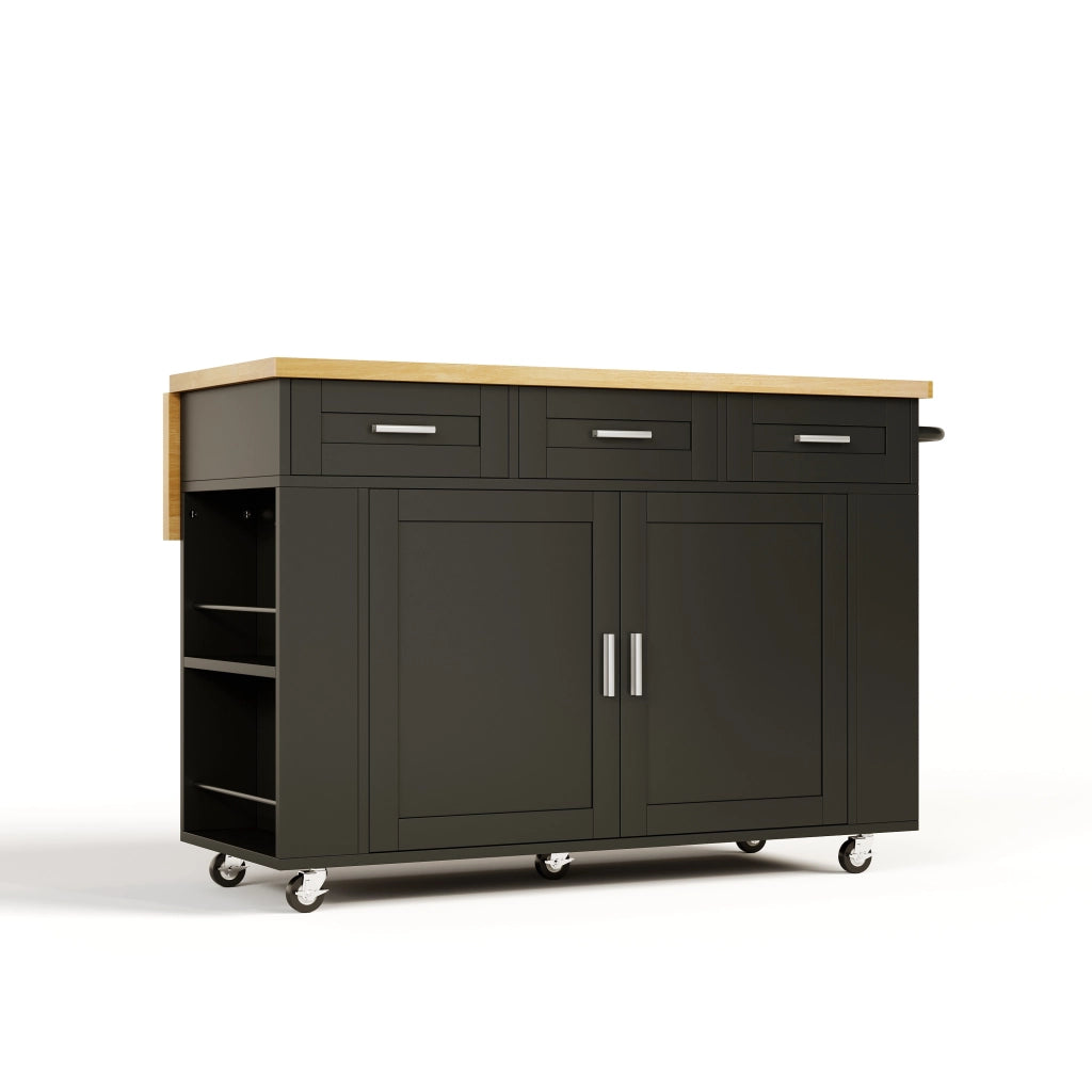 Isola da cucina mobile con piano ribaltabile, organizer estraibili, 3 cassetti, prese integrate e ruote bloccabili, 120 x 45(70) x 84 cm