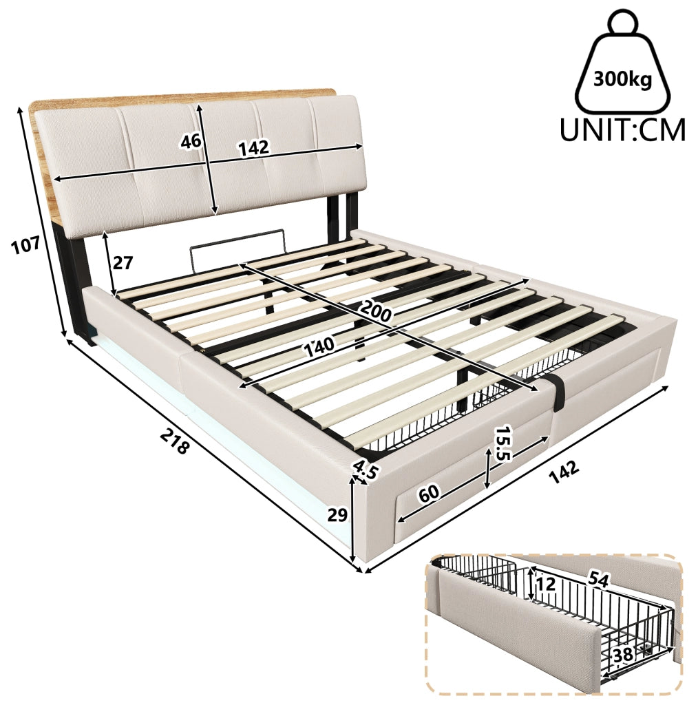Letto matrimoniale imbottito 140x200 cm con contenitore idraulico; LED; USB e Type-C; beige in lino