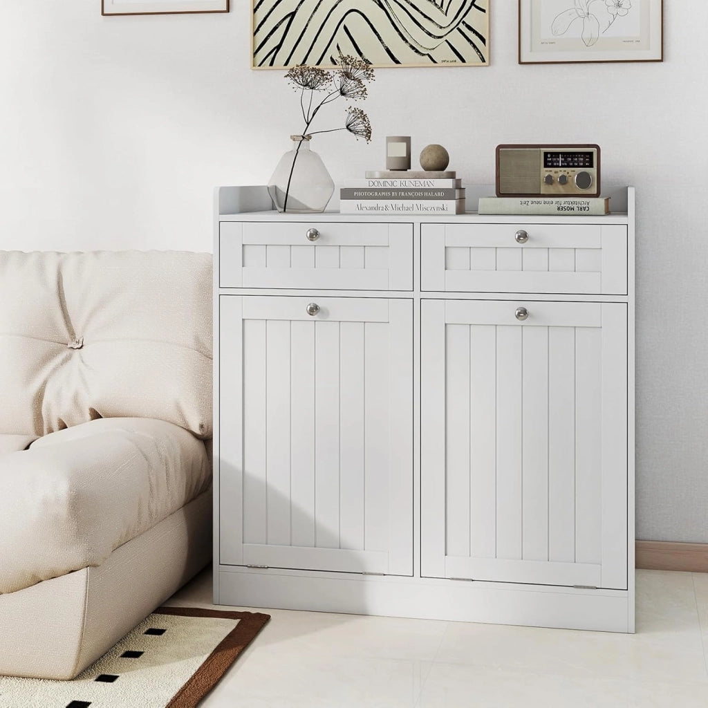 Mobiletto per Biancheria con 2 Cesti Ribaltabili, Mobile da Bagno Indipendente con Ripiano, 2 Cassetti e 2 Sacchi Porta Biancheria Rimovibili, Armadietto in Legno per Bucato (79 x 40 x 80 cm)