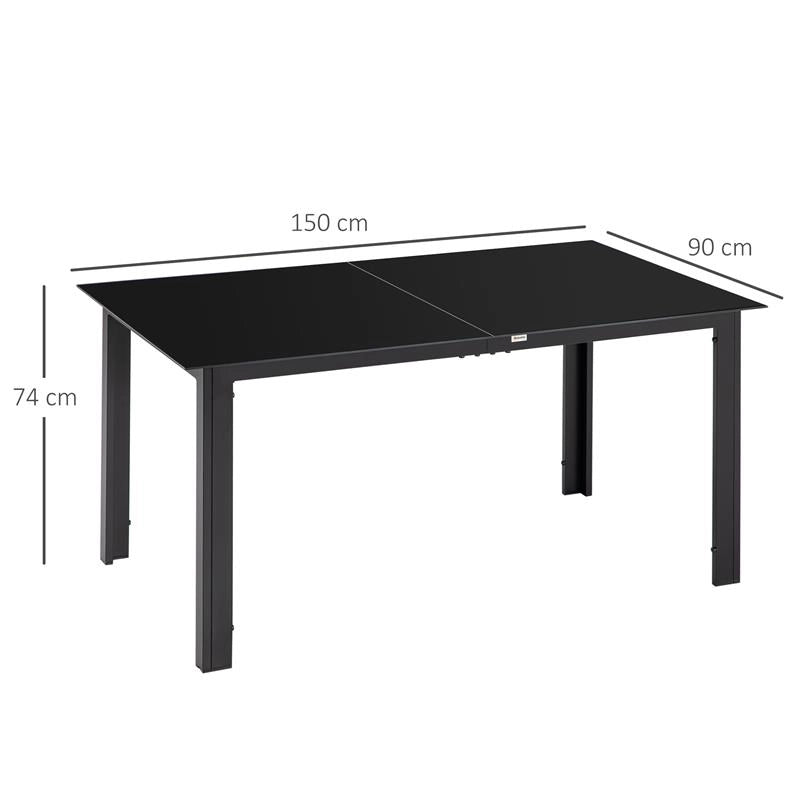 TAVOLO DA GIARDINO RETTANGOLARE PER 6 PERSONE CON PIANO IN VETRO E ALLUMINIO, 150X90 CM, NERO