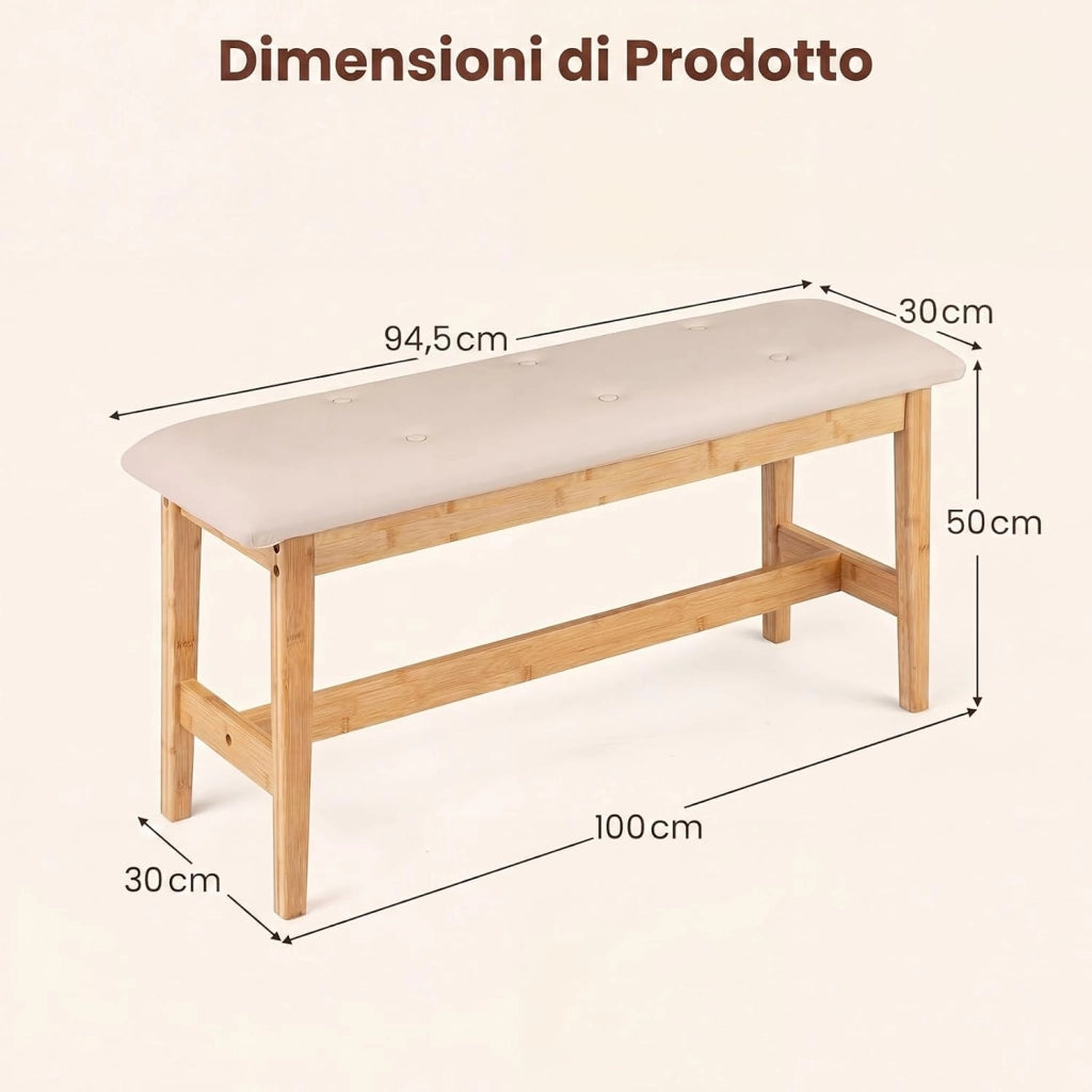 Panca in Bambù da Interno, Panca Multiuso a 2 Posti con Comodo Cuscino di Seduta in Pelle Sintetica, Traversi Rinforzati e Piedini Antiscivolo, per Ingresso, Camera da Letto e Soggiorno