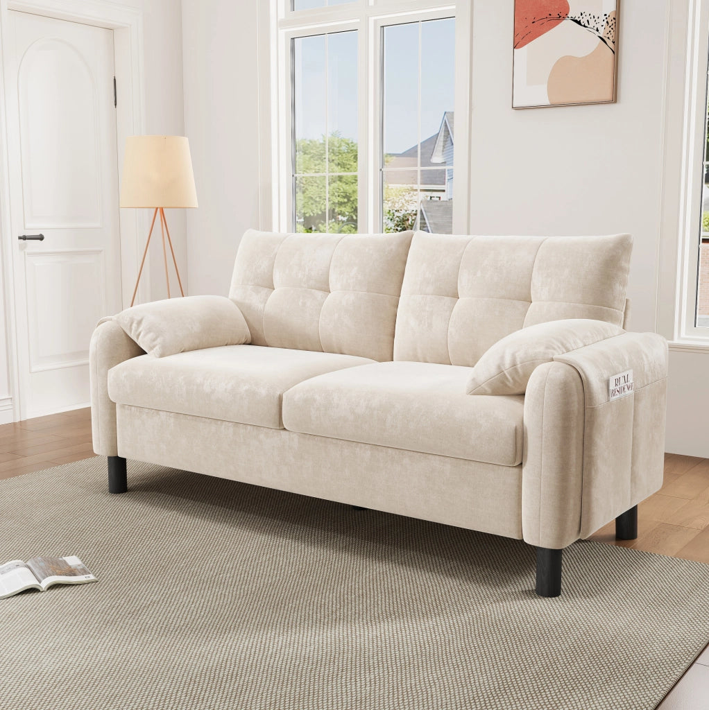 Sofa 2 posti moderno in tessuto chenille beige con cuscini spessi e tasche laterali, design scandinavo