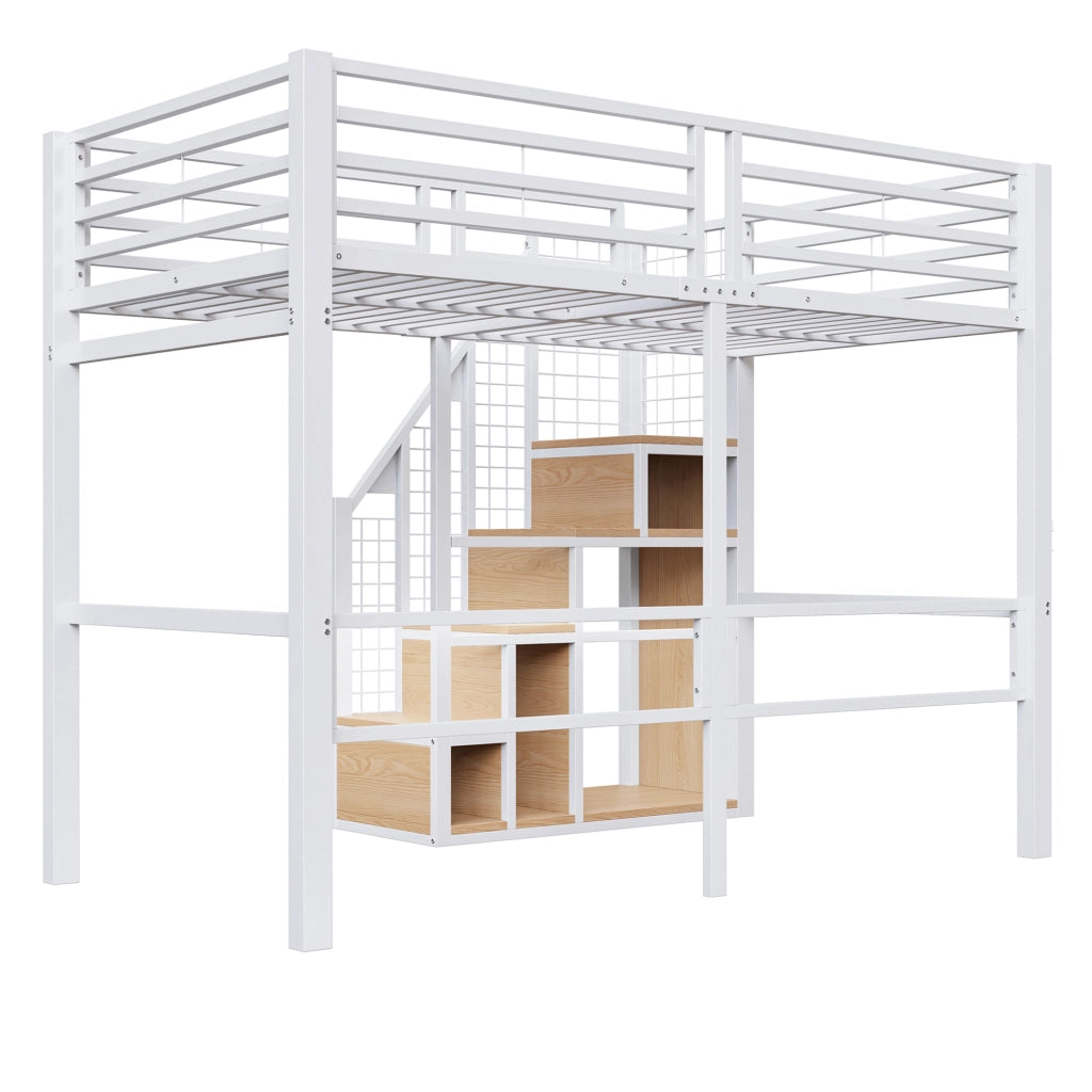 Letto a soppalco in metallo 90x200 cm con scala e spazio contenitore, letto singolo per bambini e ragazzi, bianco