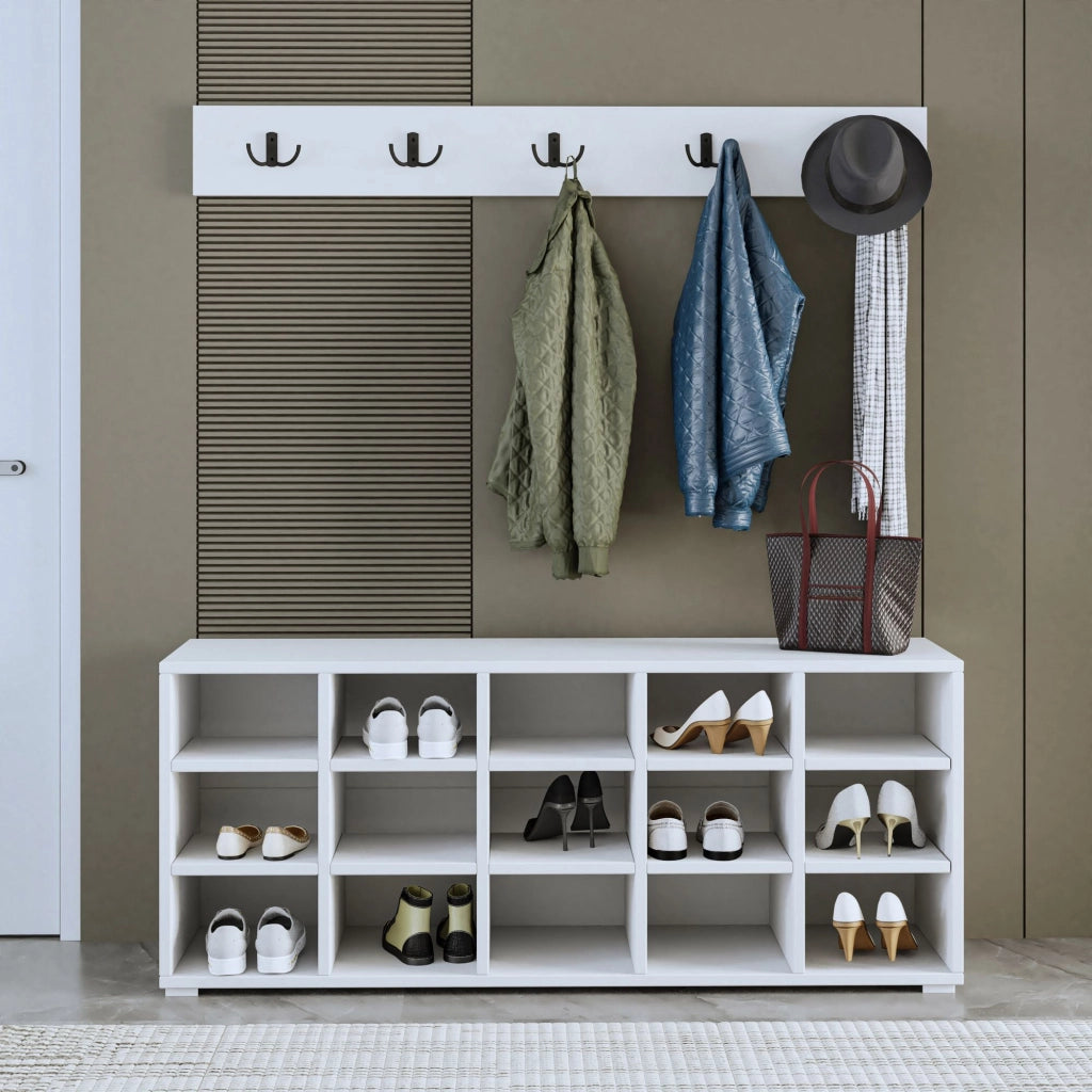 Scarpiera in legno "Talu" con appendiabiti - 120 x 30 x 52 cm - Bianco
