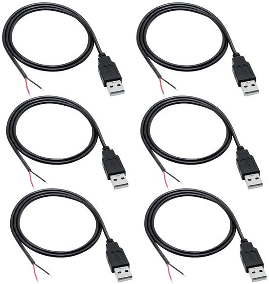 Cavo USB 22AWG, 2-conduttore, 2-punti con estremità aperta, 1 m, alimentazione 12V 3A - nero - 6 pezzi