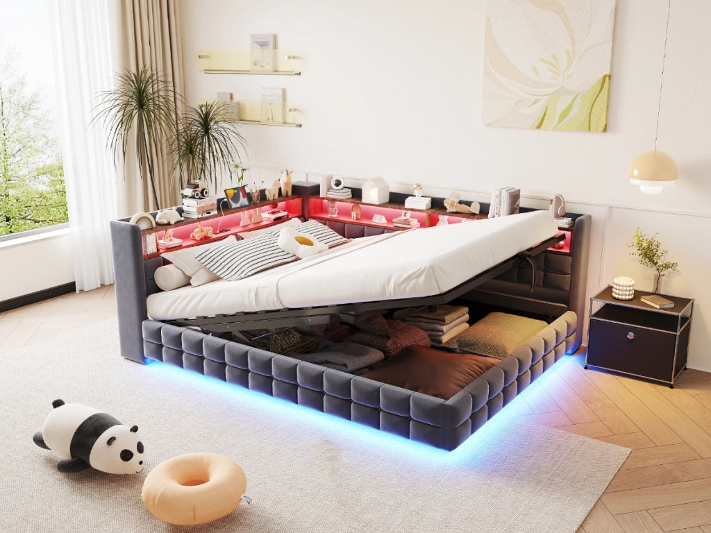 Divano letto multifunzionale in velluto grigio scuro 140x200 vano ripiano LED USB