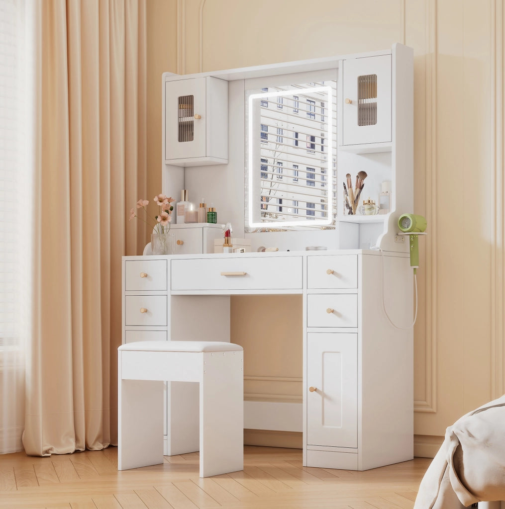 Tavolo da trucco bianco con specchio LED, 6 cassetti, 4 ante e prese integrate