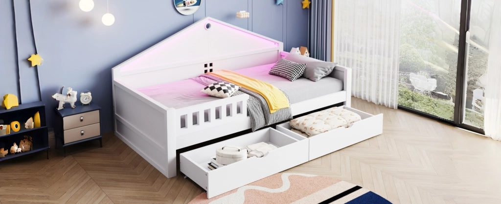 Letto singolo per bambini 90x200 cm in legno con LED integrato e cassetti, bianco