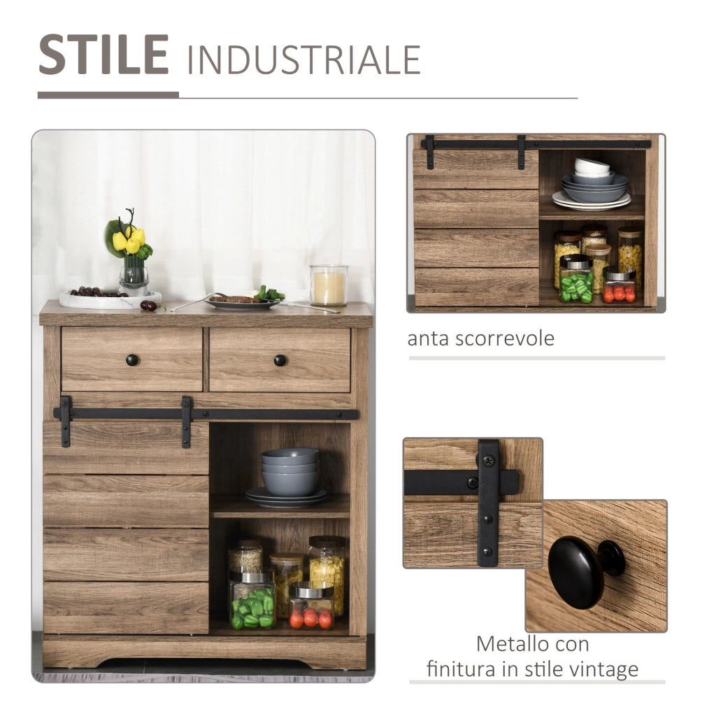 EasyComfort Mobile da Cucina Rustico con 2 Cassetti, Ripiani Aperti e Portabottiglie, Credenza Buffet in Legno e Metallo, 80x39x86 cm, Color legno