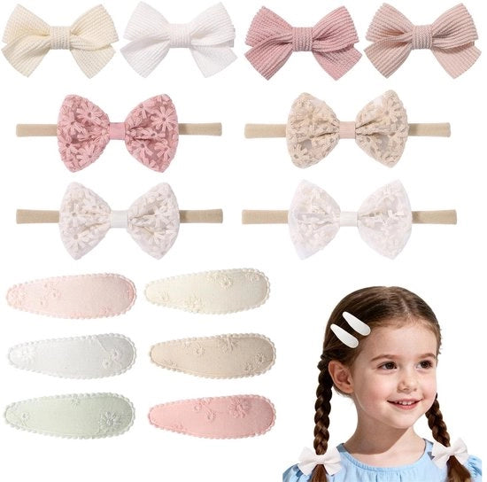 Set di spille per capelli per bambini con nastri e elastici, 14 pezzi, per ragazze, bambini, regali, feste, fotografie e festival.
