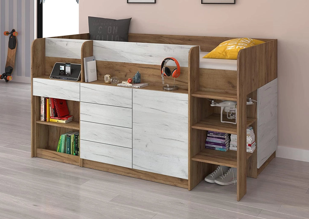 LETTO MOBILE CASS. SCRITTOIO SMILE P 204x 112x112cm LATO DESTRO ROVERE BIANCO GREZZO