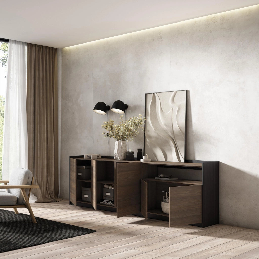 Credenza, Mobile, Cucina, 260x80x37 cm, 5 Porte, grande stoccaggio, Rovere scuro e Nero