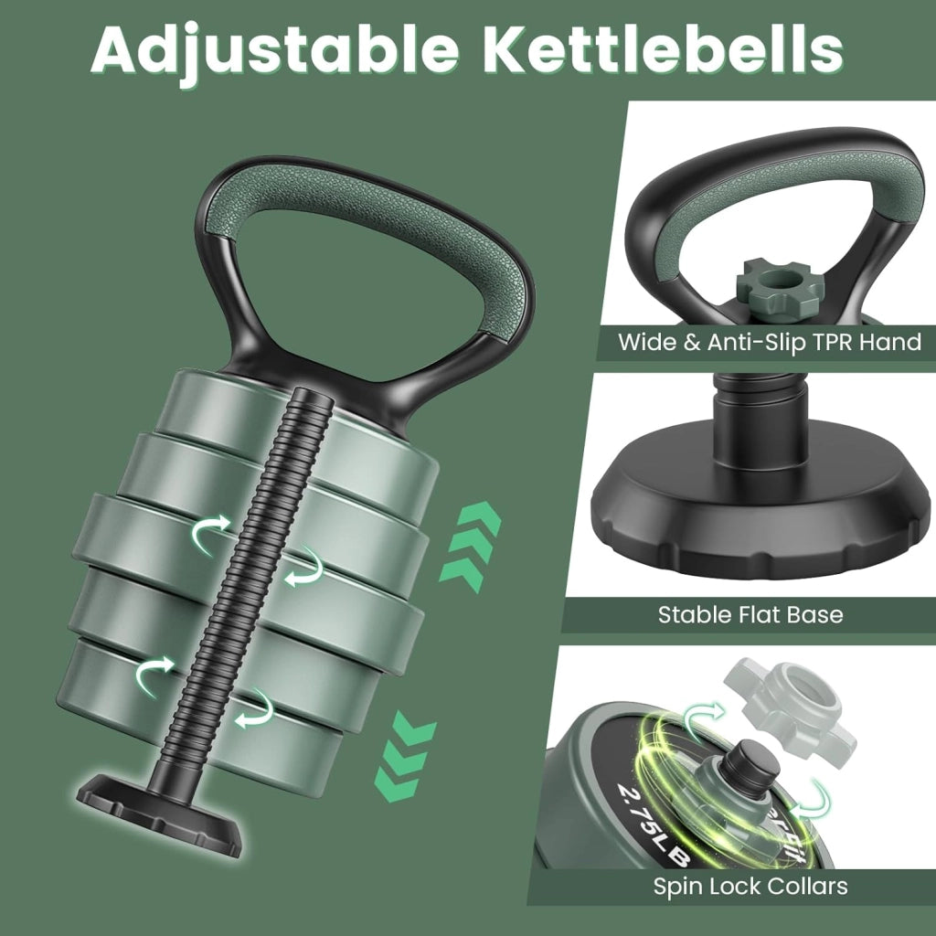 Manubri Regolabili 4 in 1, Set Pesi Palestra Casa, Include Manubri, Bilancieri, Kettlebell, Flessioni, per Ufficio, Allenamento della Forza, Fitness, per Uomini e Donne, Nero+Verde