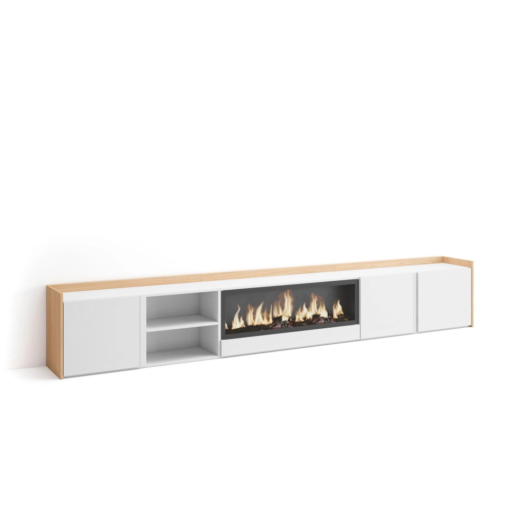 Mobile TV Soggiorno, 315x50x35 cm, Per TV fino a 80", Camino elettrico XXL, Bianco e Rovere soft