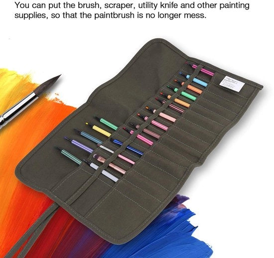 Zak di pennelli con chiusura a clip - 30 aperture - per pennelli a olio su tela - 48 x 30 cm - colore oliva - con tasche per pennelli
