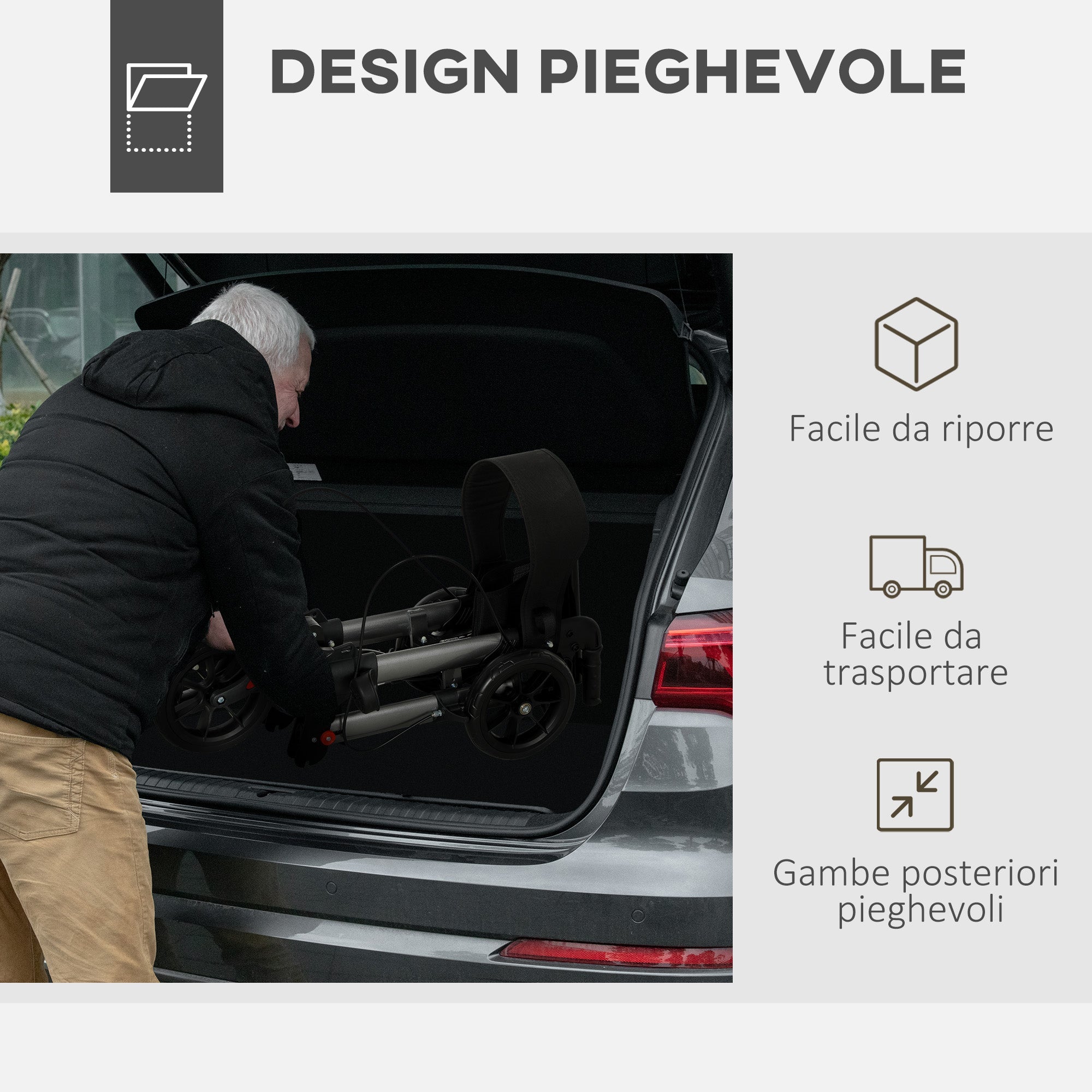 Deambulatore per Anziani e Disabili ad Altezza Regolabile 67x65x79.5-94 cm Pieghevole in Allumino Nero e Argento