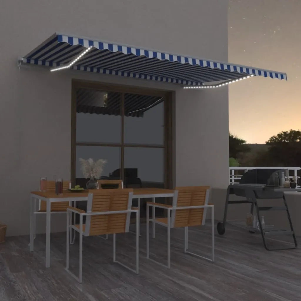 Tenda da Sole Retrattile Manuale LED 500x350 cm Blu e Bianca 3069021