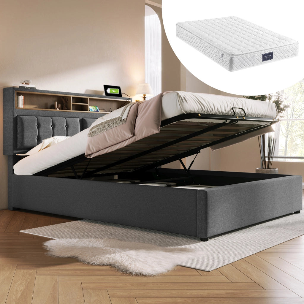 LETTO Contenitore 140x200 cm in lino grigio con testiera regolabile e prese USB