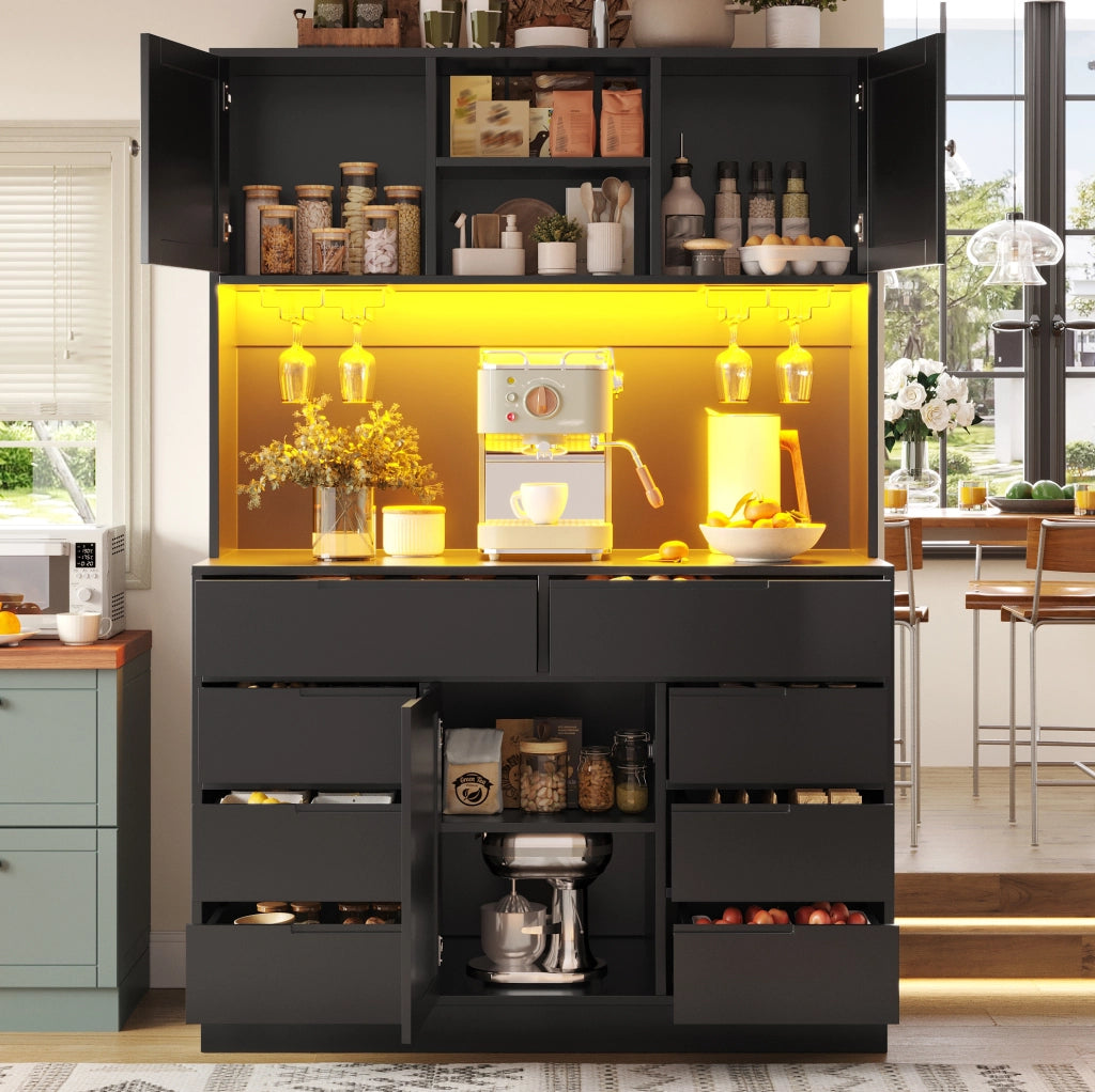 Colonna cucina con LED smart, 8 cassetti, MDF, nera
