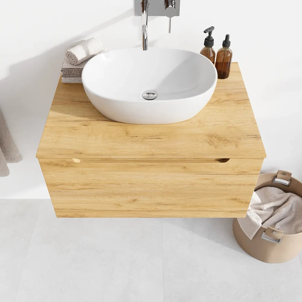 Mobile bagno sospeso 60 cm rovere chiaro un cassettone con top | Bako