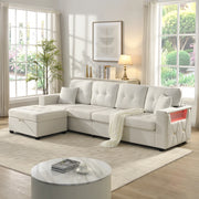 DIVANO angolare modulare 253 cm beige con pouf contenitore e USB Type-C