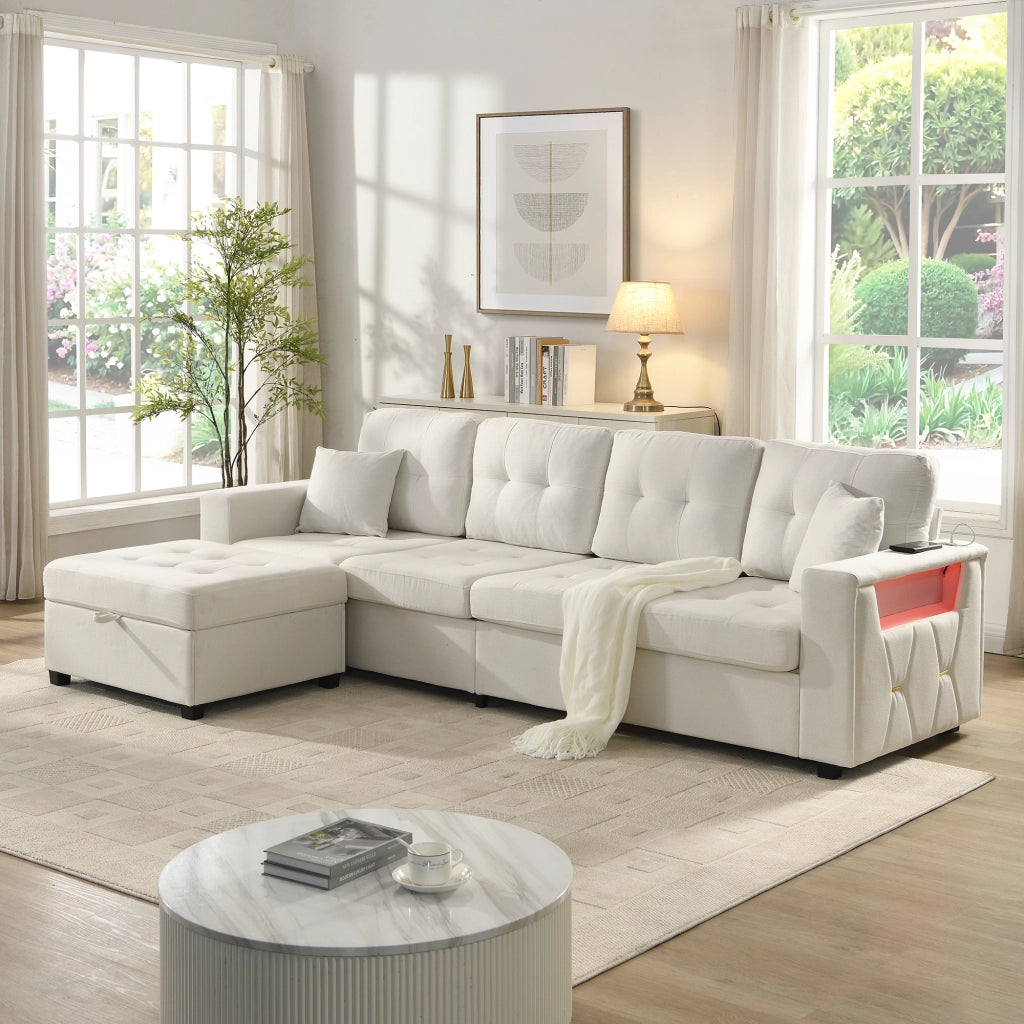 DIVANO angolare modulare 253 cm beige con pouf contenitore e USB Type-C