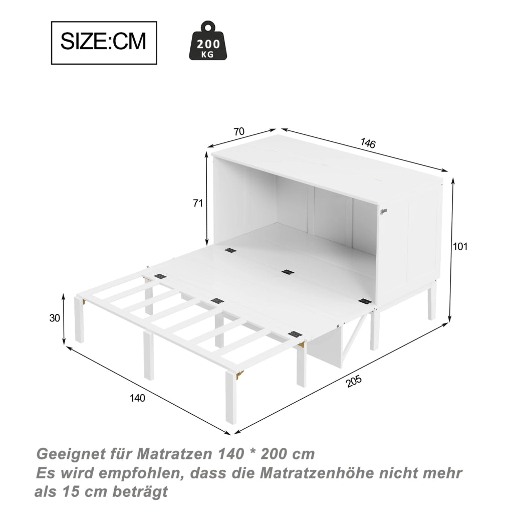 LETTO Pieghevole verticale 140x200 cm Legno Bianco