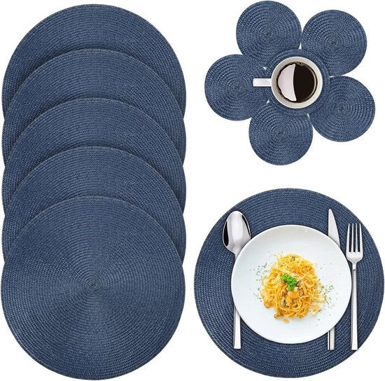 Set di 6 Tavoli di Piatto e Piatti di Protezione in Tessuto a Nastro da 15 Pollici - Non Sciventi Lavabili Resistenti al Calore - Casa Cucina Tavolo Ristorante Festa di Natale - Azzurro 12 Pezzi