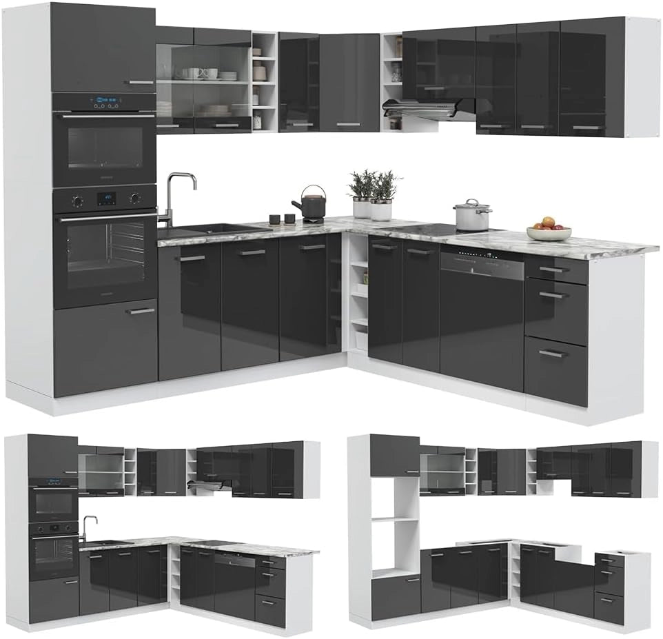 Cucina angolare completa R-Line, Antracite lucido, 247 x 60 cm, PL Marmo, per disposizione flessibile ed espansione modulare