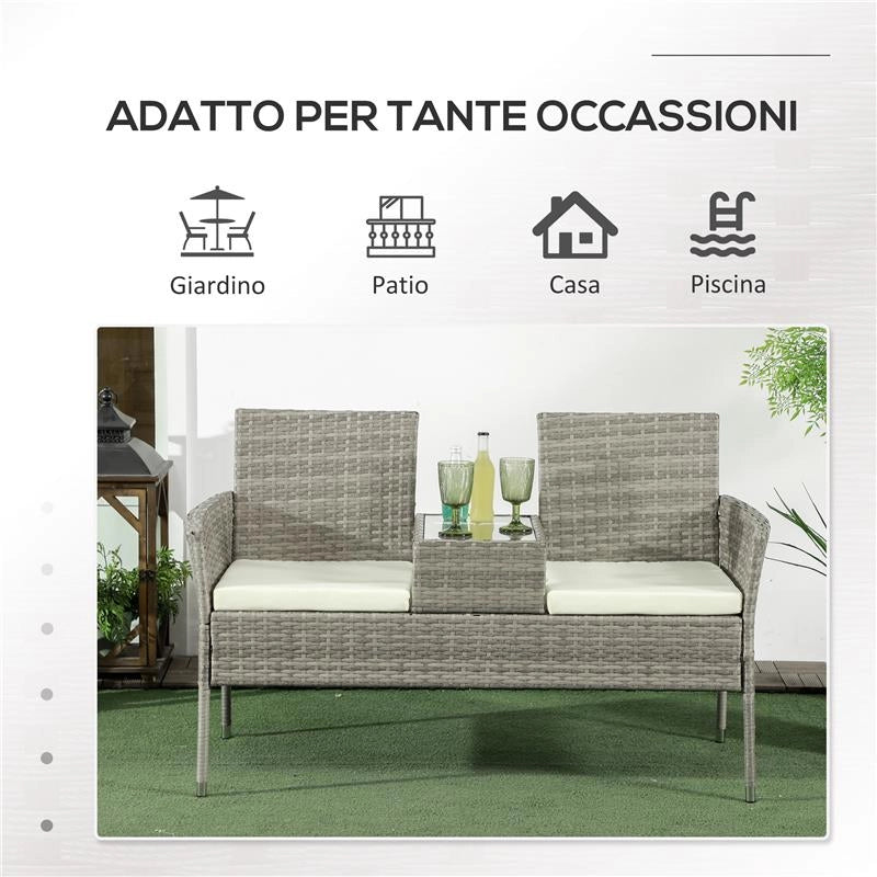 DIVANETTO PER ESTERNI 2 POSTI CON TAVOLINO DA CAFFÈ IN ACCIAIO E RATTAN PE 137X59X82 CM GRIGIO E CREMA