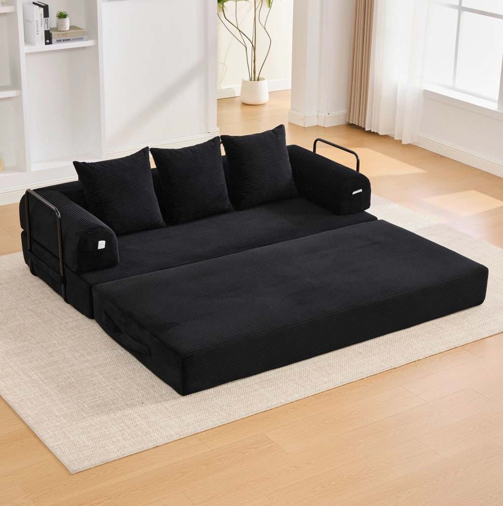 DIVANO modulare 200x94x67 cm in velluto a coste nero con 3 cuscini