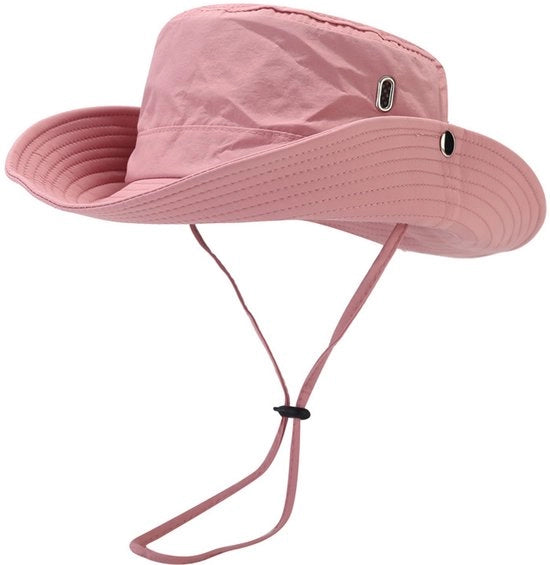 Cappello da Roccia per Uomo e Donna, Cappello da Sole Esterno con Bordo Largo, Cappello da Campeggio da Trekking, Cappello da Campeggio con Cinturino, Cappello da Pesca per Pescatori, Cappello da Caccia per Campeggio (Hoedomtrek 55-58cm) - Rosa