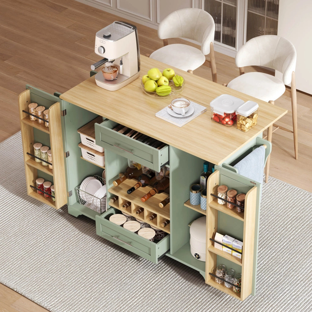 Carrello da cucina con piano pieghevole, verde antico
