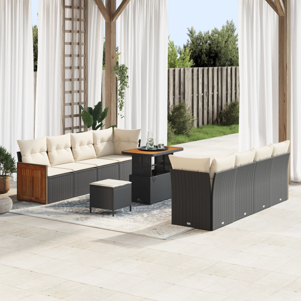 Set Divani Giardino con Cuscini 11 Pezzi Nero in Rattan Polietilene e Acacia