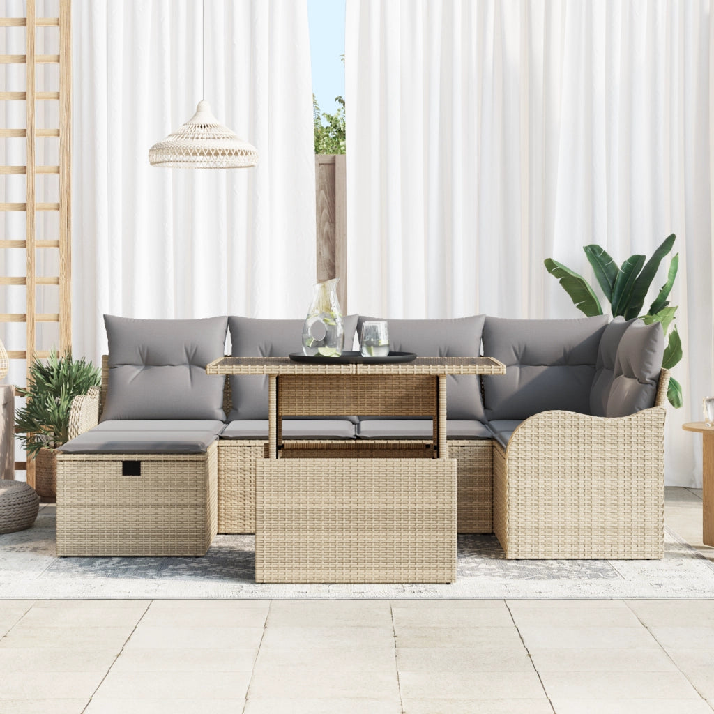 Set di Divani da Giardino  7 Pezzi con Cuscini Beige Polyrattan