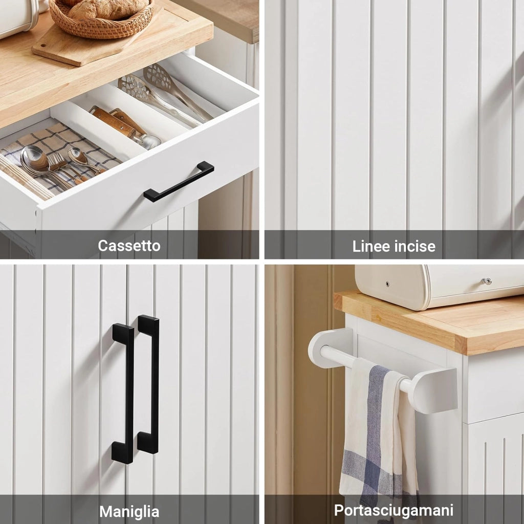 Carrello cucina con ruote, piano in legno di gomma, mobile cucina salvaspazio in MDF, isola cucina moderna – Ideale per cucina, sala da pranzo o ristorazione – 74x91x46 cm, FKW119-WN