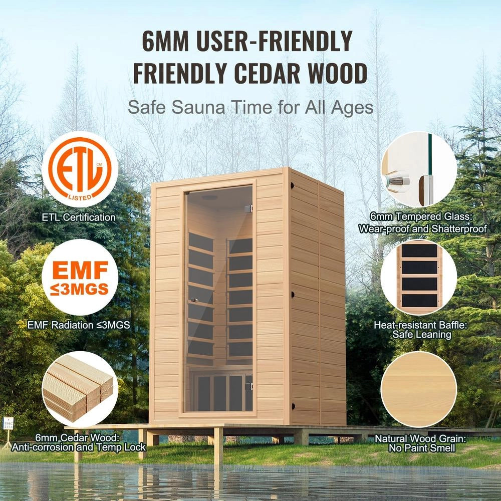 Sauna Infrarossi Lontani 2 Persone Legno Hemlock Basso EMF Vetro Temperato Bluetooth 1800W Interno